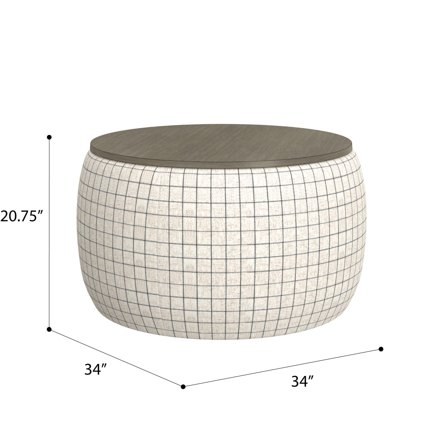 Round upholstered storage ottoman with grey wood lid and checkered fabric