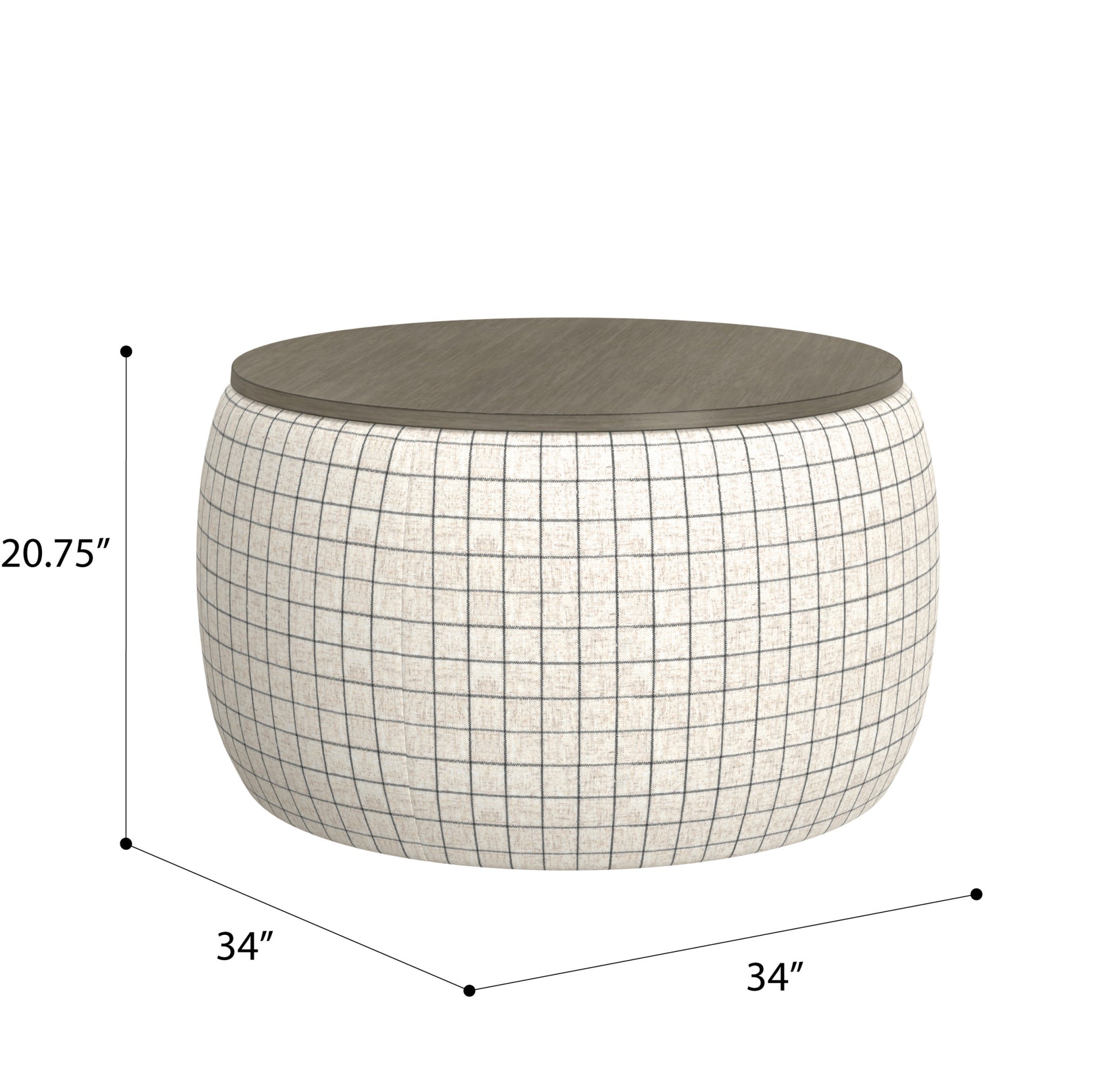Round upholstered storage ottoman with grey wood lid and checkered fabric