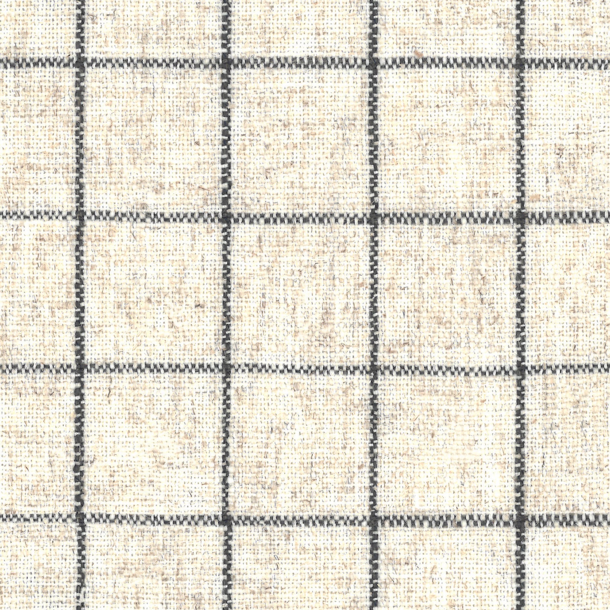 Natural linen blend fabric with classic black windowpane plaid pattern