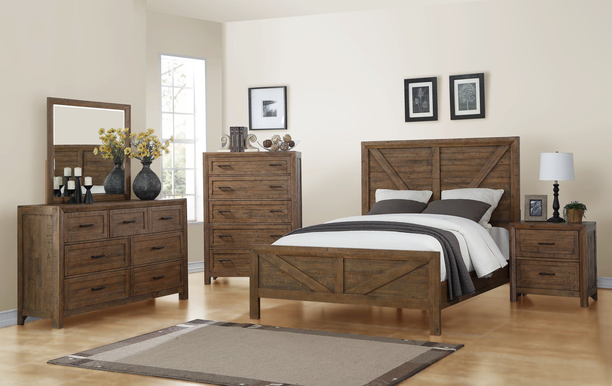 Rustic brown wood queen bed frame with plank headboard and footboard