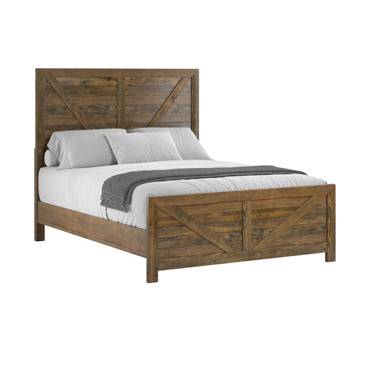 Rustic wooden king bed frame with barn door headboard design
