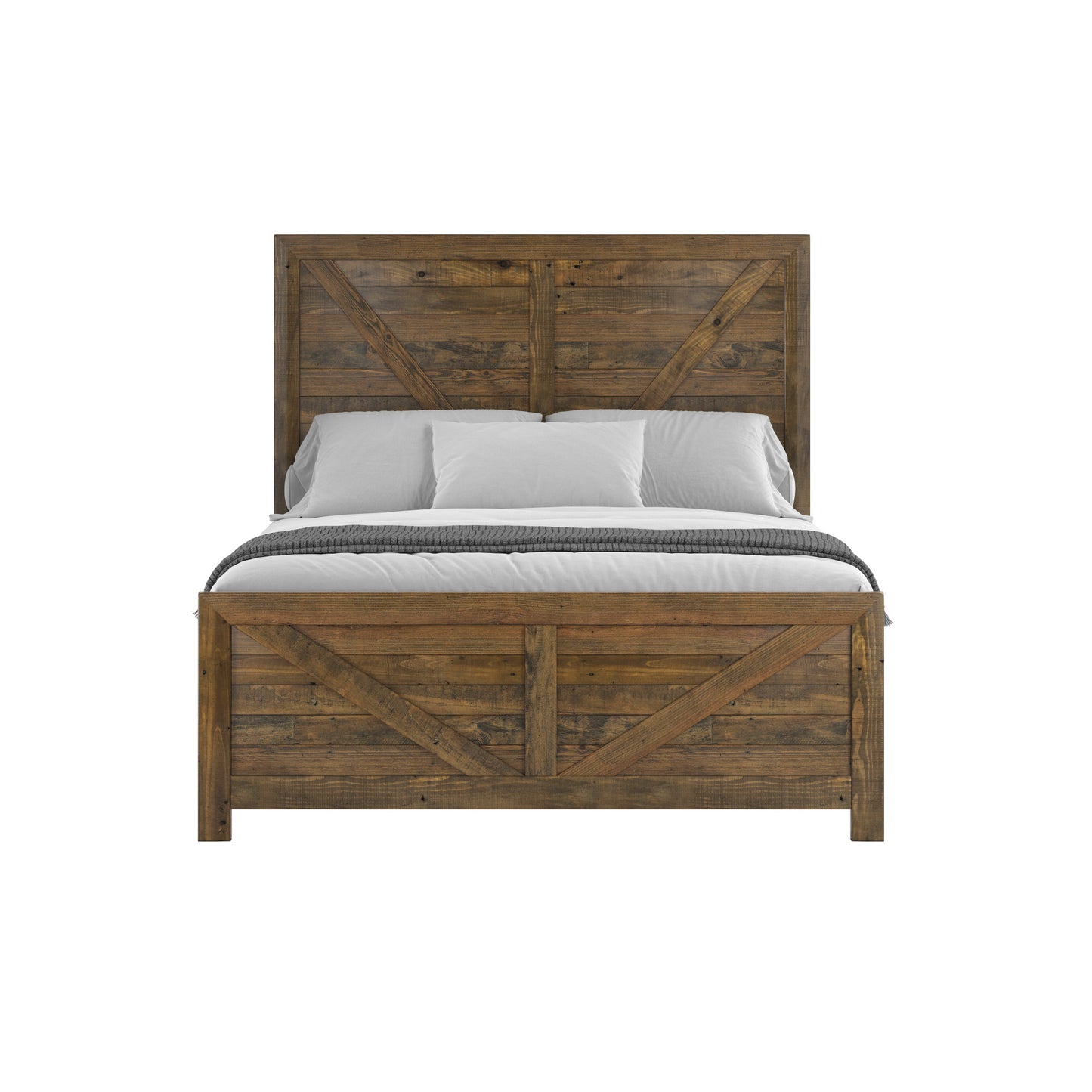 Rustic barnwood king bed frame with upholstered headboard and white bedding