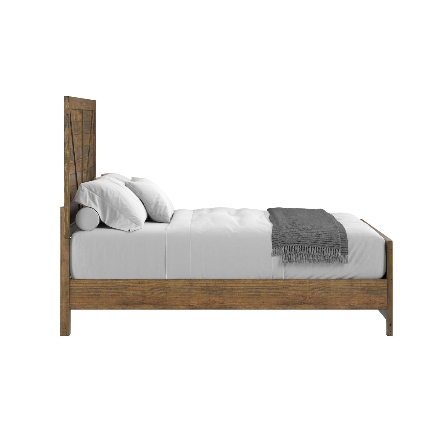 Rustic wooden farmhouse bed frame with weathered finish and barn door headboard Perfect for country style bedrooms