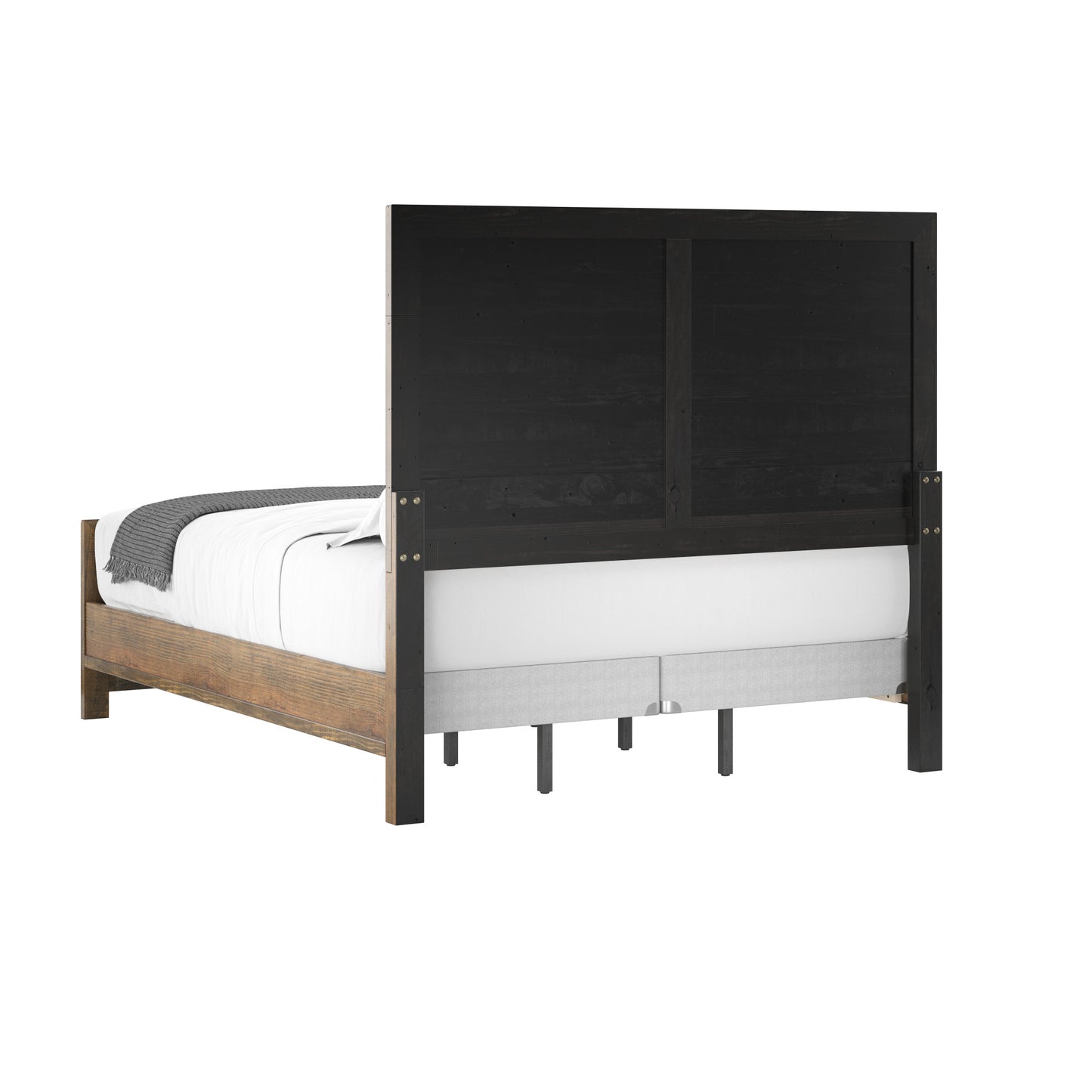 Dark wood panel headboard queen bed with natural wood frame and gray throw