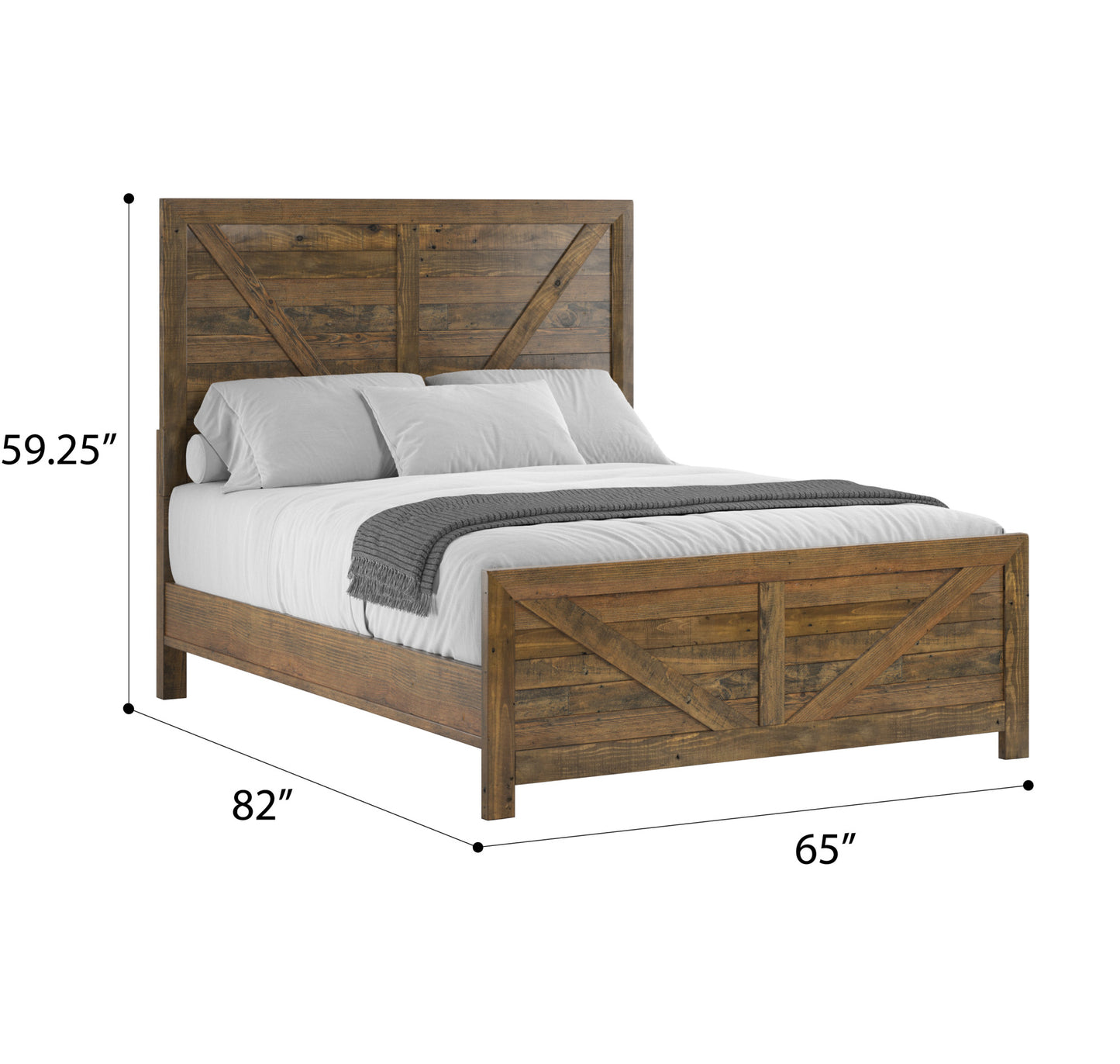 Rustic queen bed frame with distressed wood headboard and footboard