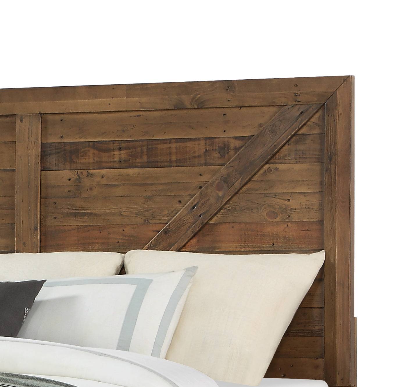 Rustic plank headboard with barn door style accents