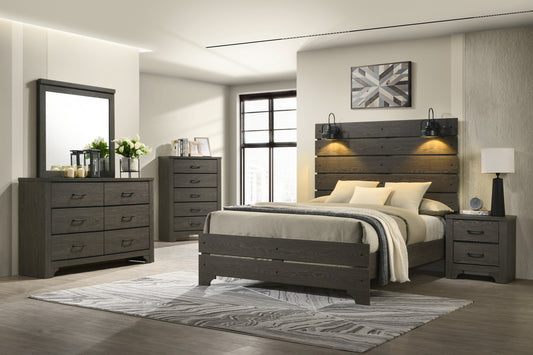 Dark gray wood king bed frame with plank headboard and matching nightstand