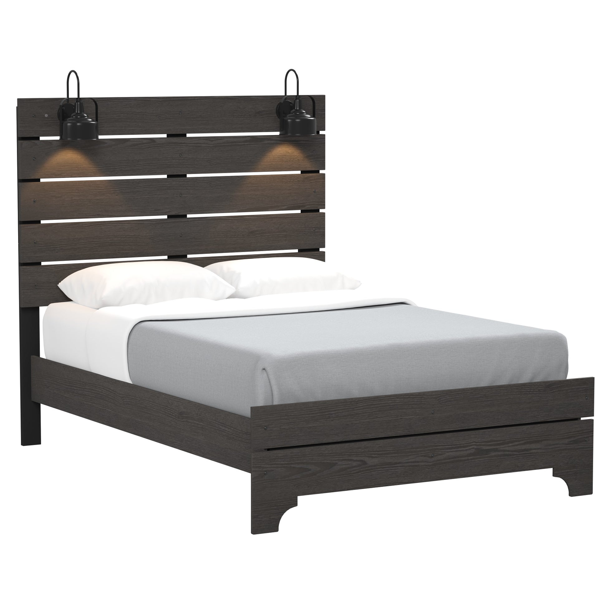 Dark wood platform bed with integrated headboard lights