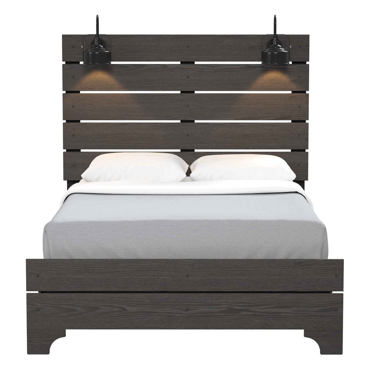 Dark wood platform bed frame with builtin wall sconces and grey bedding