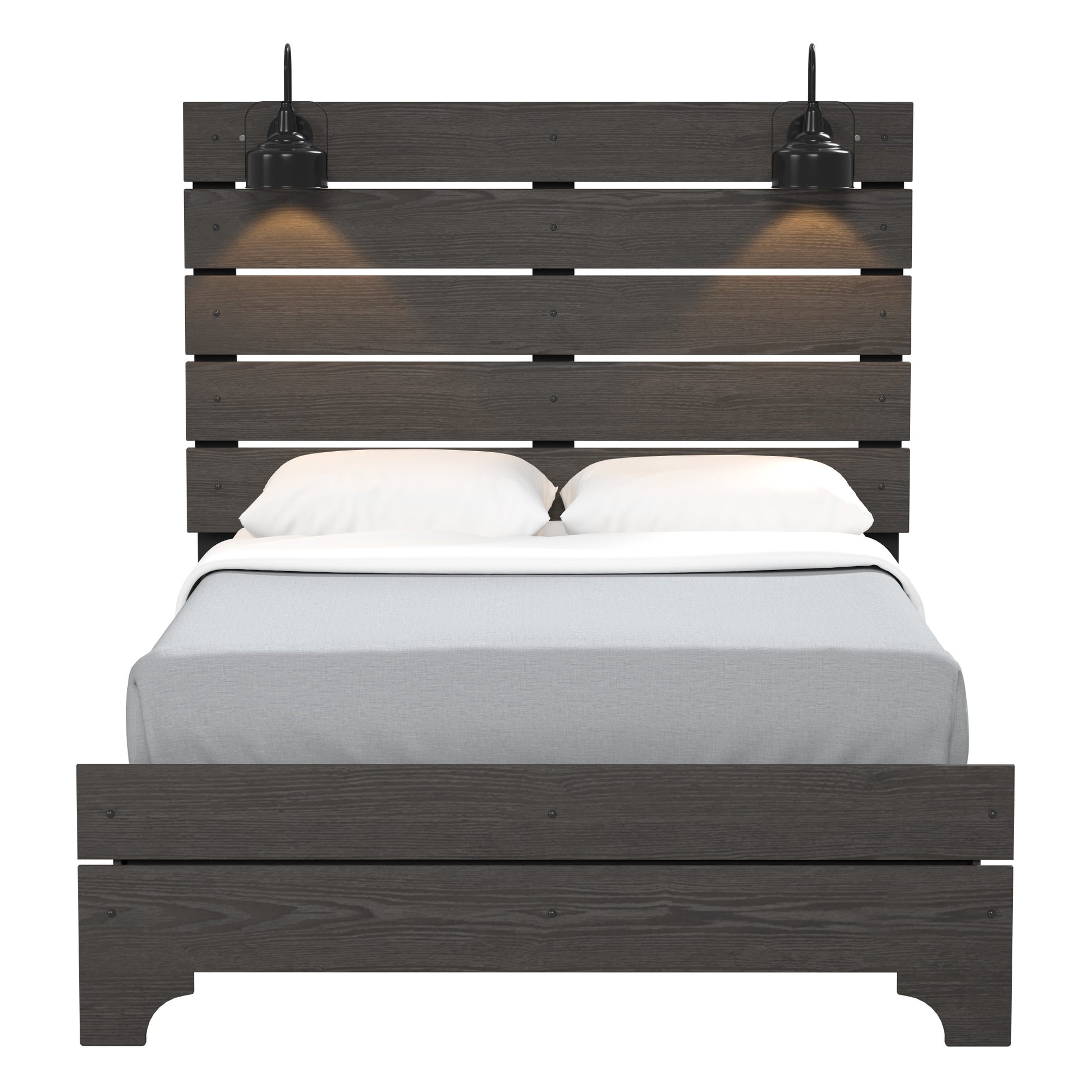 Dark wood platform bed frame with builtin wall sconces and grey bedding