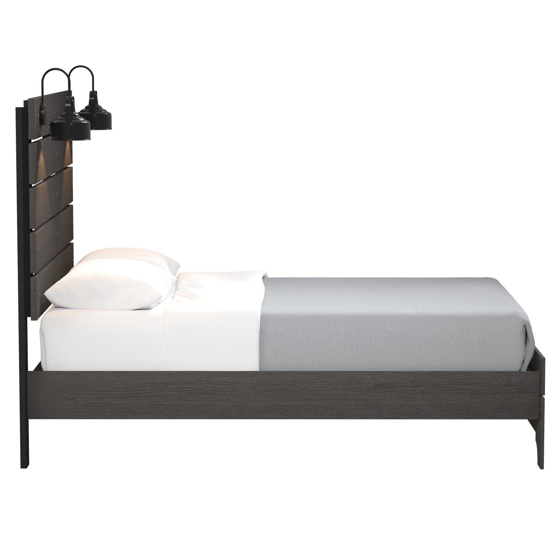 Dark wood platform bed with integrated wallstyle lamps