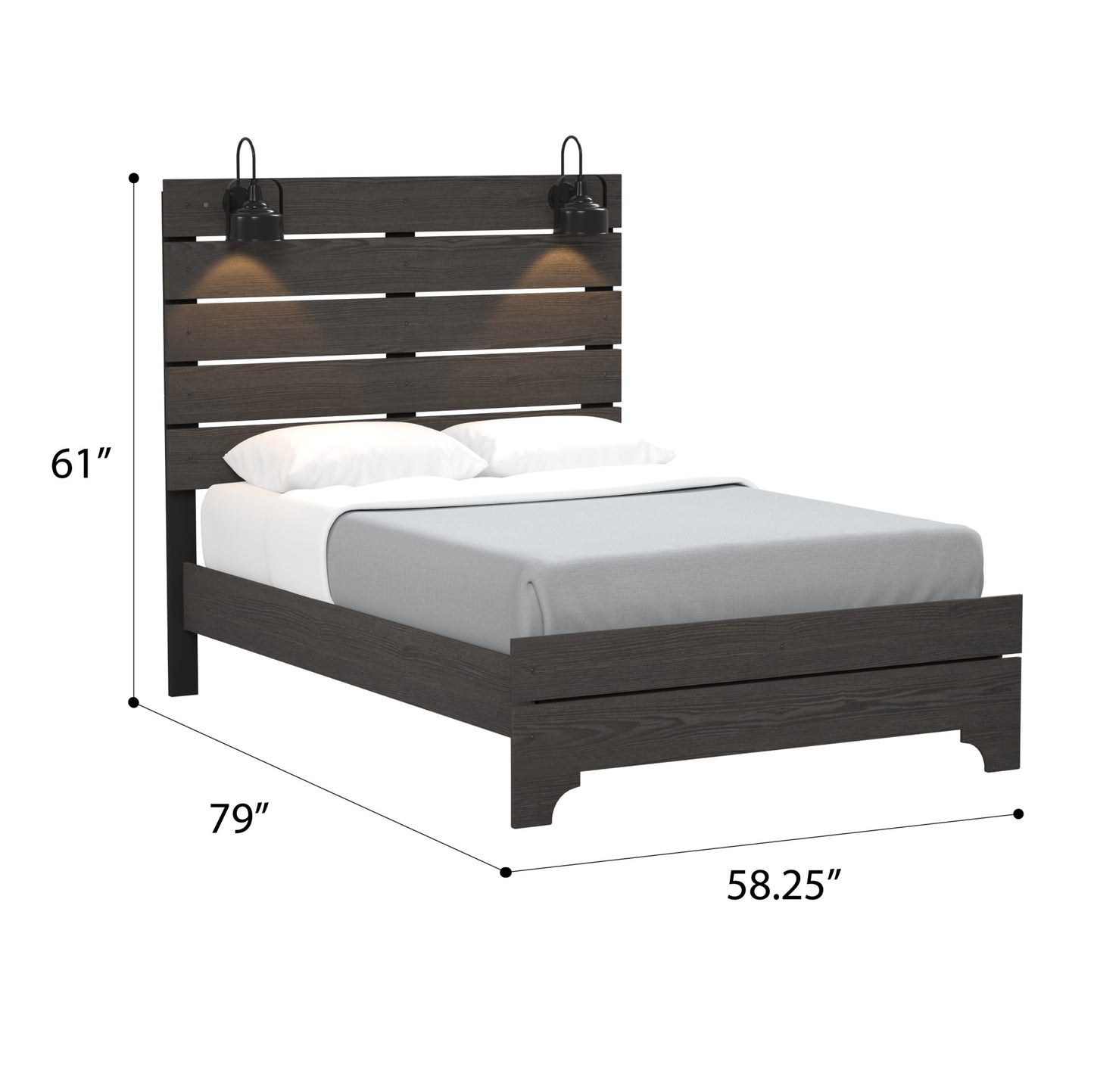 Dark wood queen bed frame with two black wallmounted reading lamps