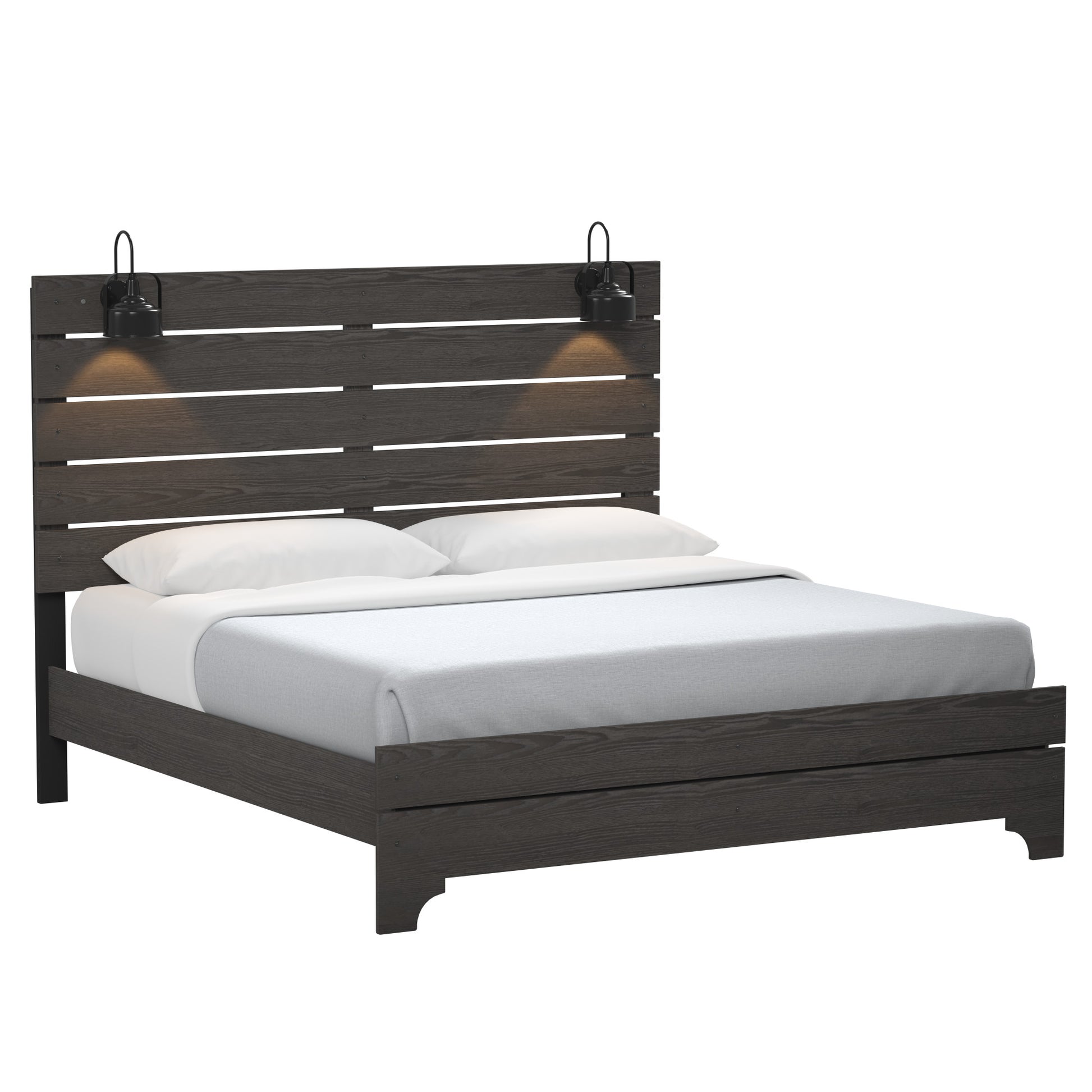 Dark wood platform bed with integrated bedside lamps and white linens
