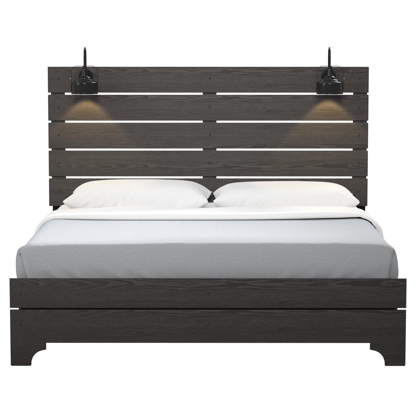 Dark wood slatted platform bed with two black industrial sconces and white bedding