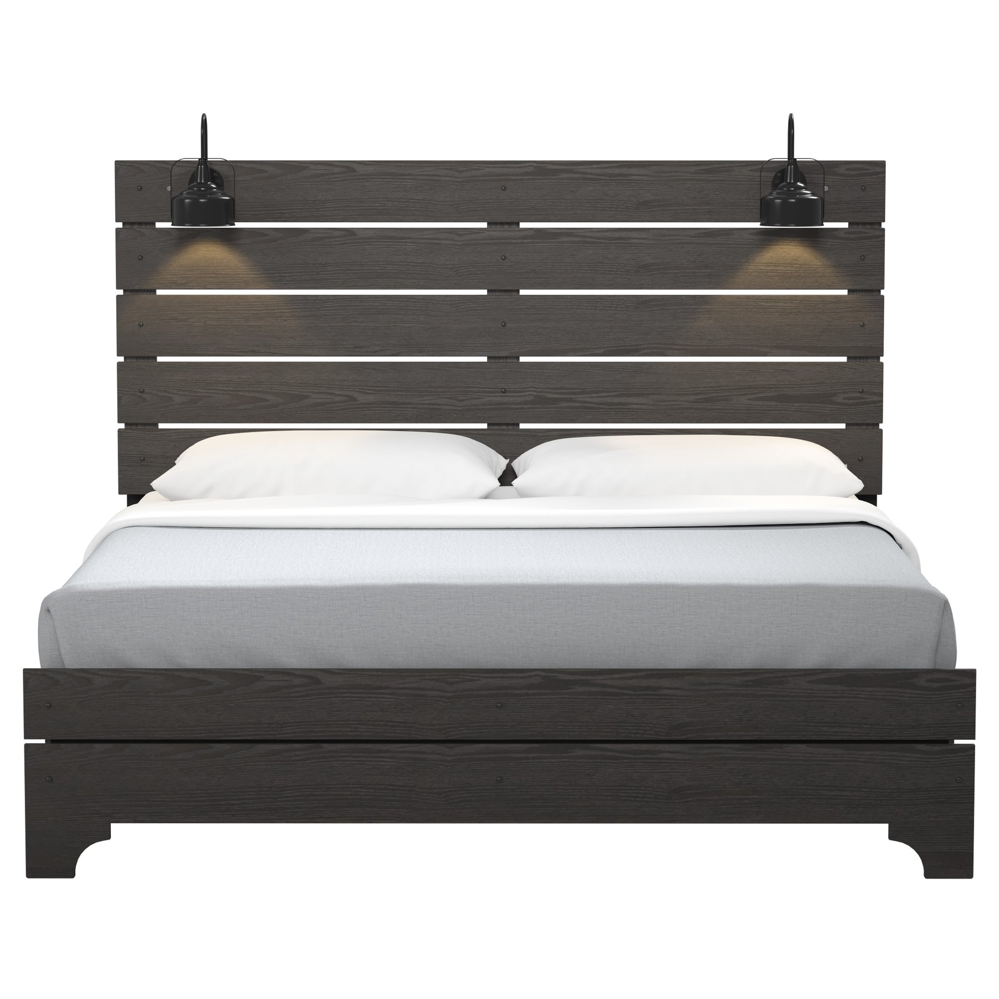 Dark wood slatted platform bed with two black industrial sconces and white bedding