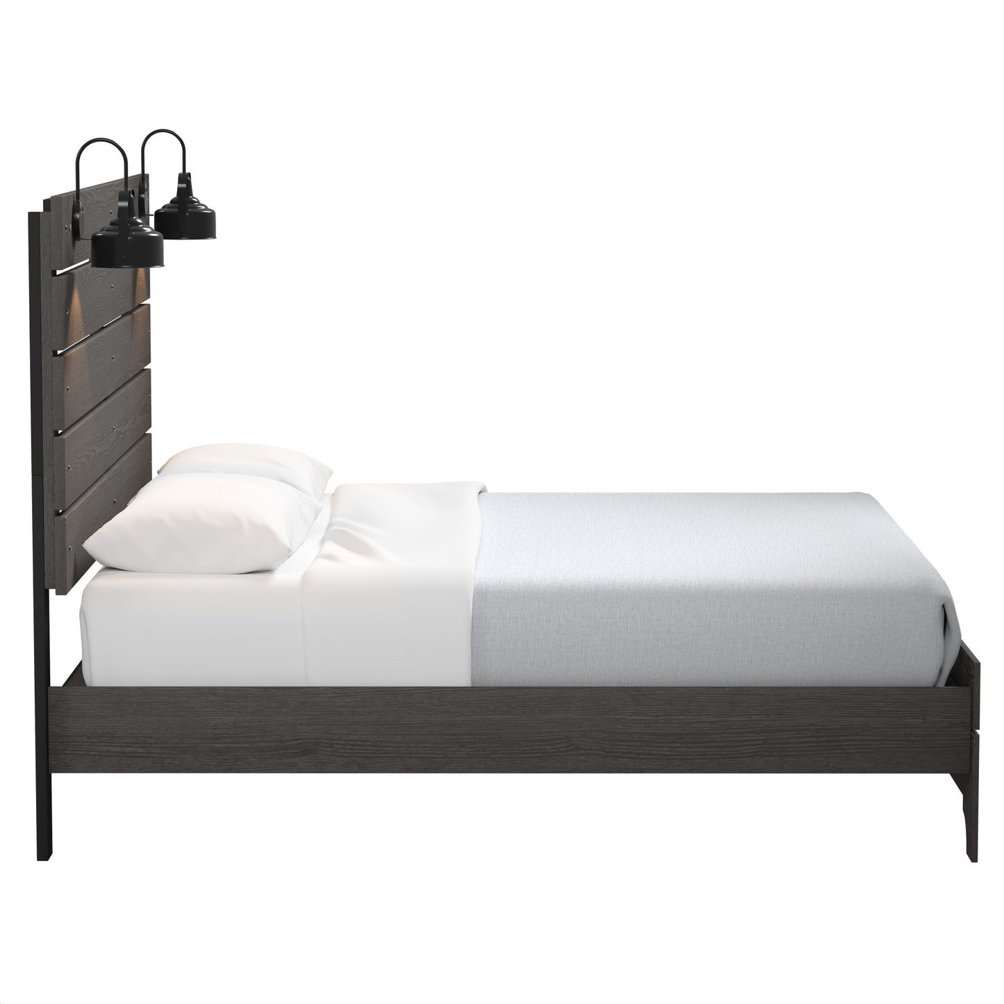 Dark grey wooden plank bed frame with integrated headboard lights and white bedding