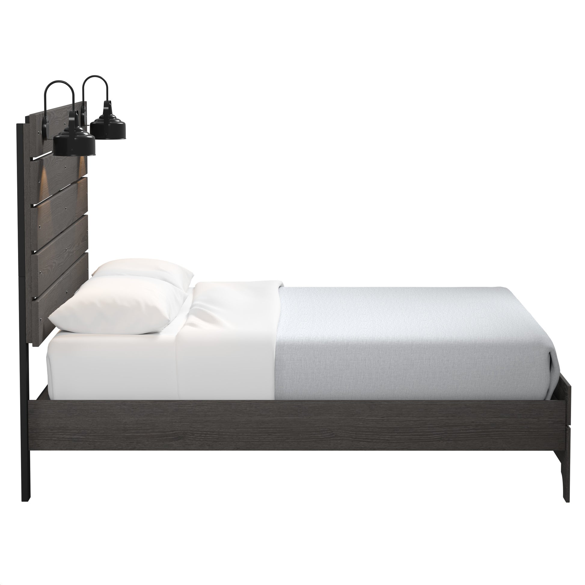 Dark grey wooden plank bed frame with integrated headboard lights and white bedding