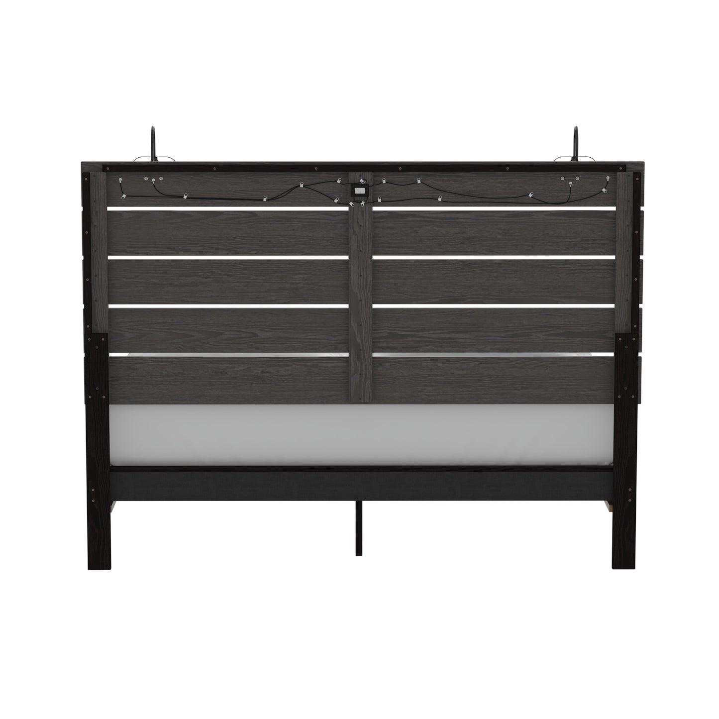 Modern dark grey slatted headboard bed frame with integrated lighting and charger
