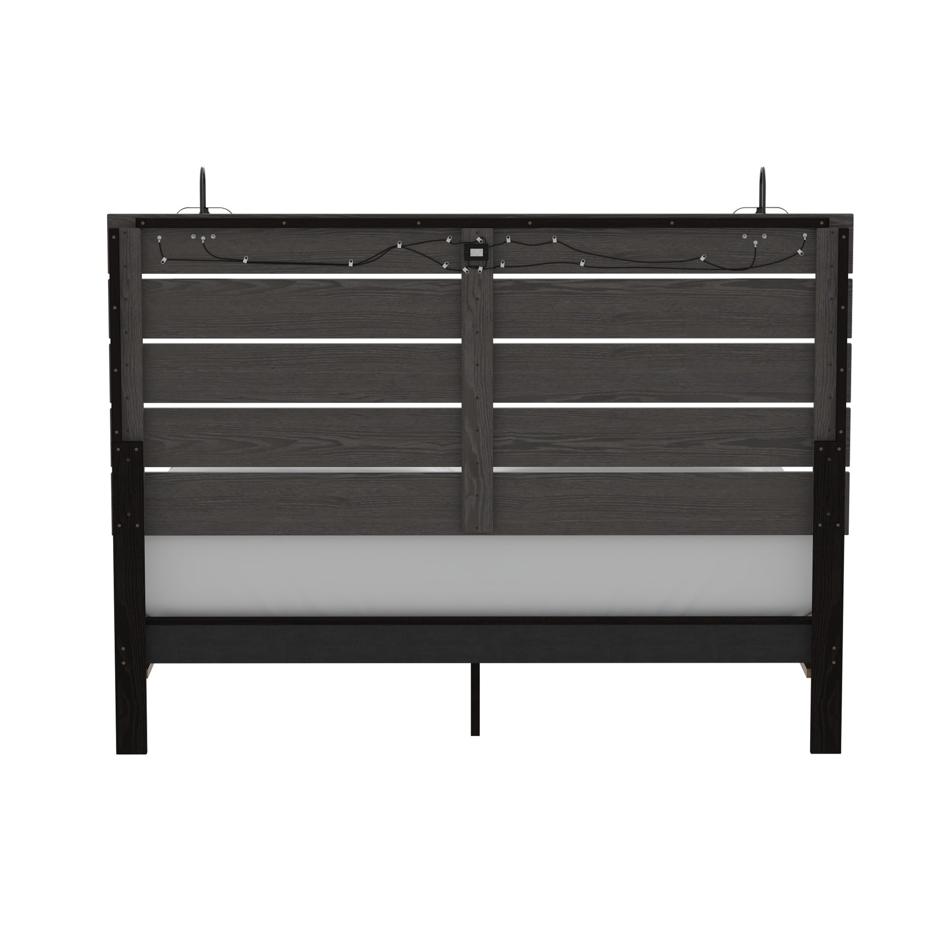 Modern dark grey slatted headboard bed frame with integrated lighting and charger