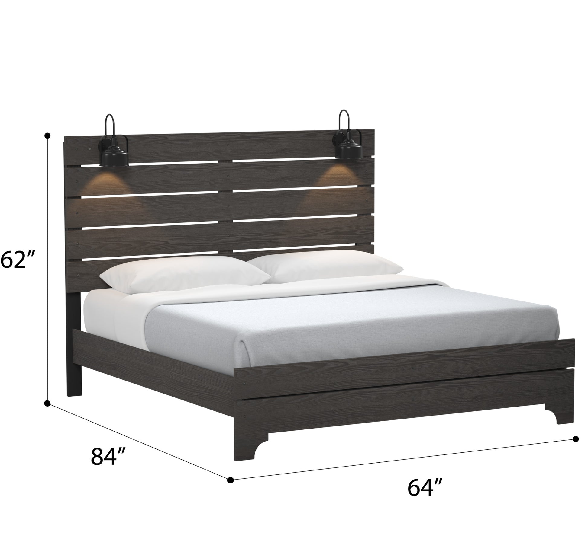 Rustic dark wood platform bed with horizontal slat headboard and builtin wall sconces