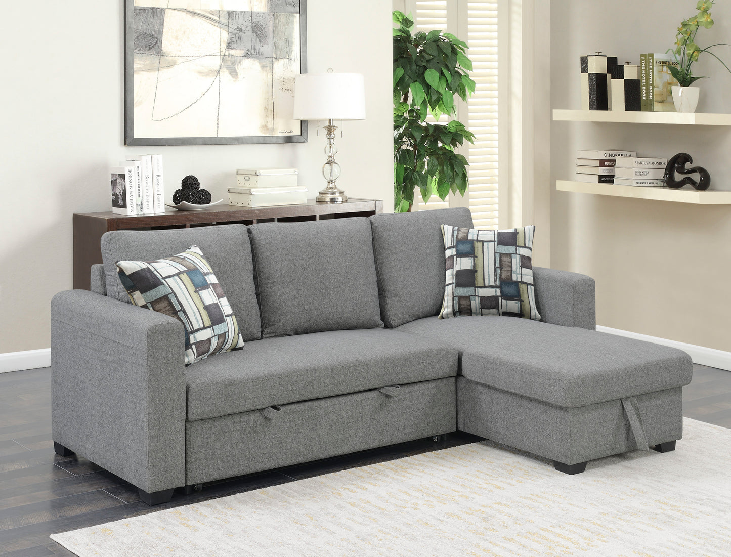 Grey fabric sectional sofa with chaise and storage