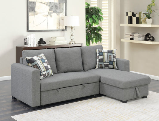 Grey fabric sectional sofa with chaise and storage
