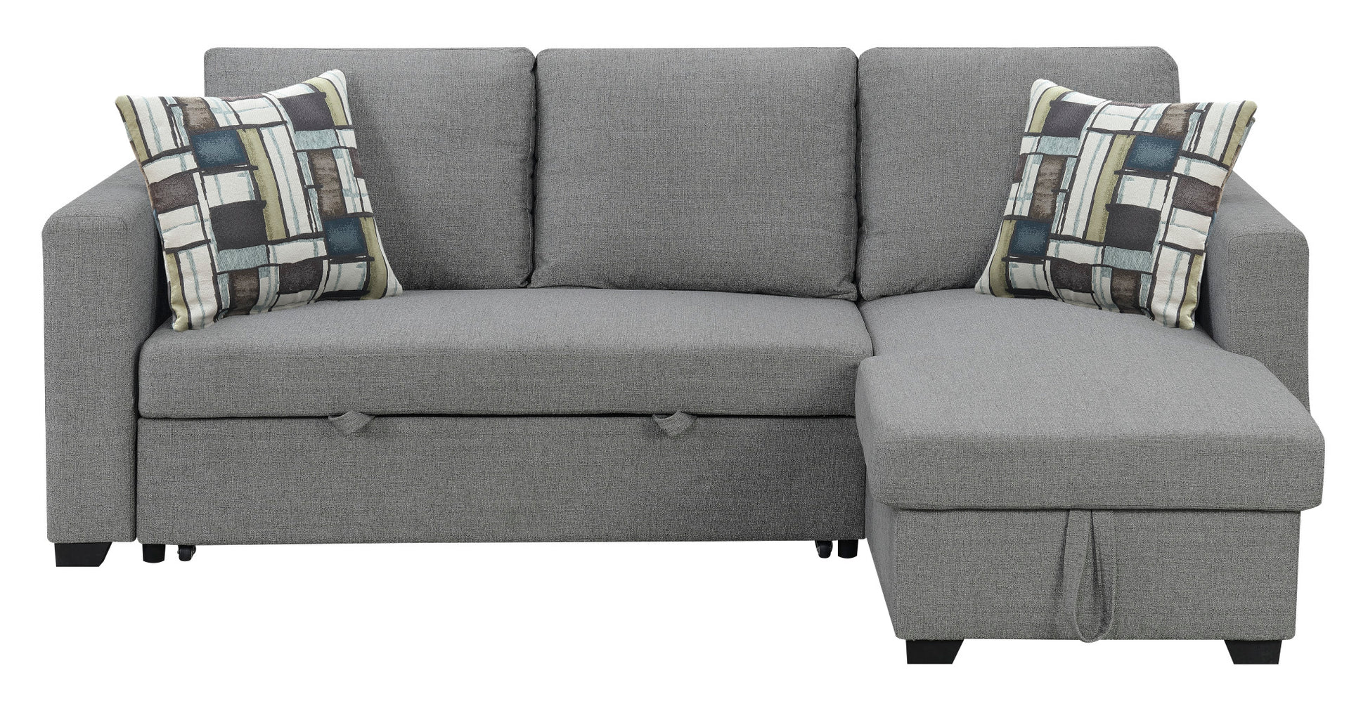 Gray linen sectional sofa with storage ottoman and geometric accent pillows