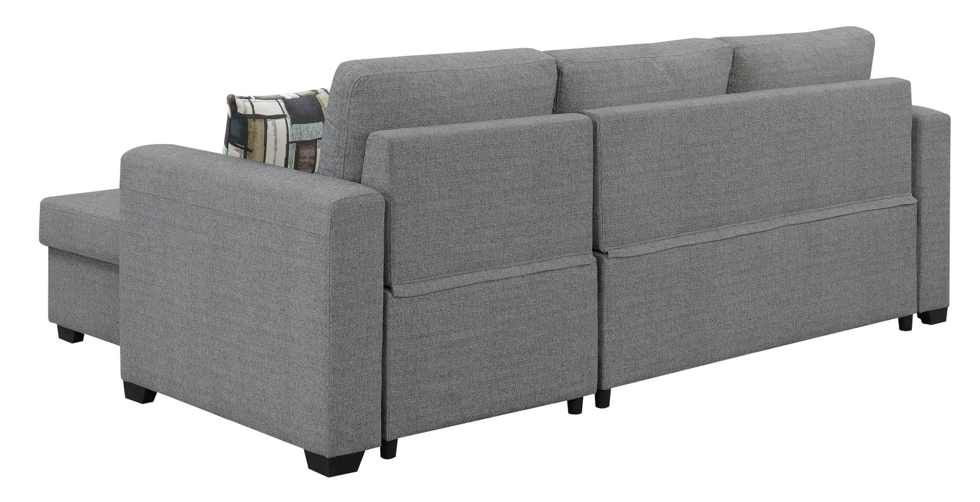 Gray fabric sectional sofa with textured upholstery and geometric throw pillow