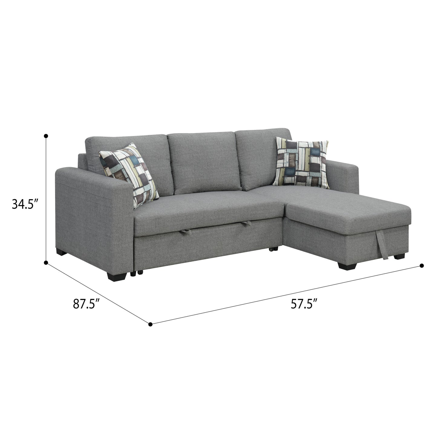 Grey fabric sectional sofa with storage chaise and patterned pillows