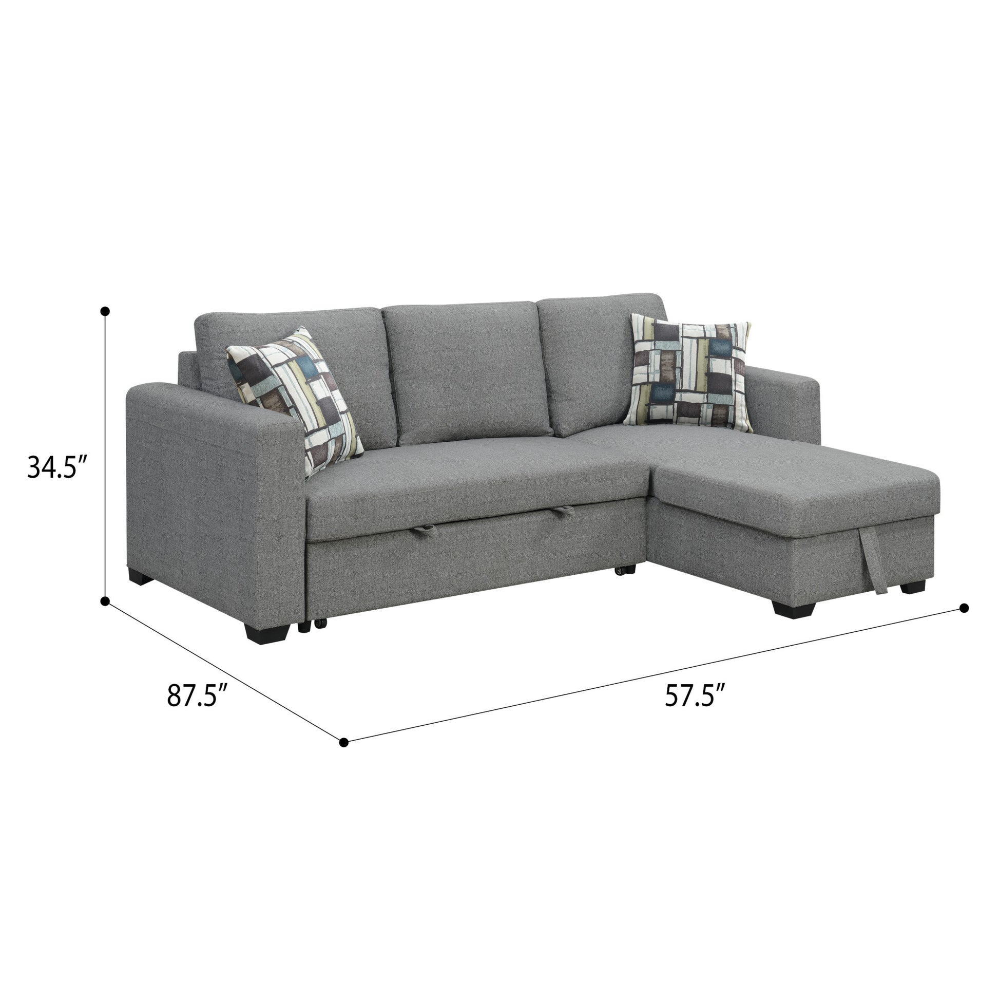 Grey fabric sectional sofa with storage chaise and patterned pillows