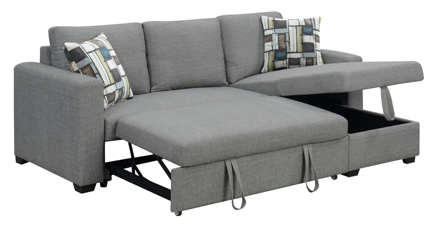 Grey fabric sectional sofa with pullout bed and storage
