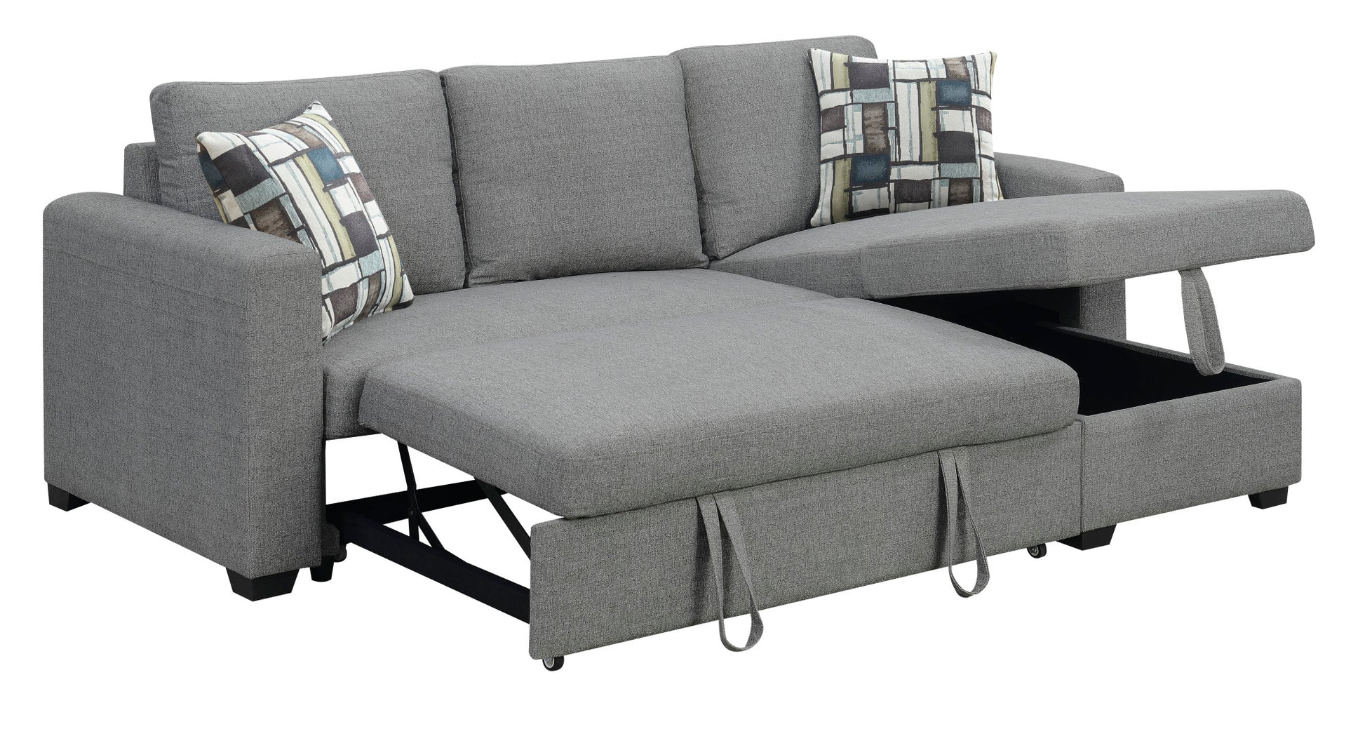 Grey fabric sectional sofa with pullout bed and storage