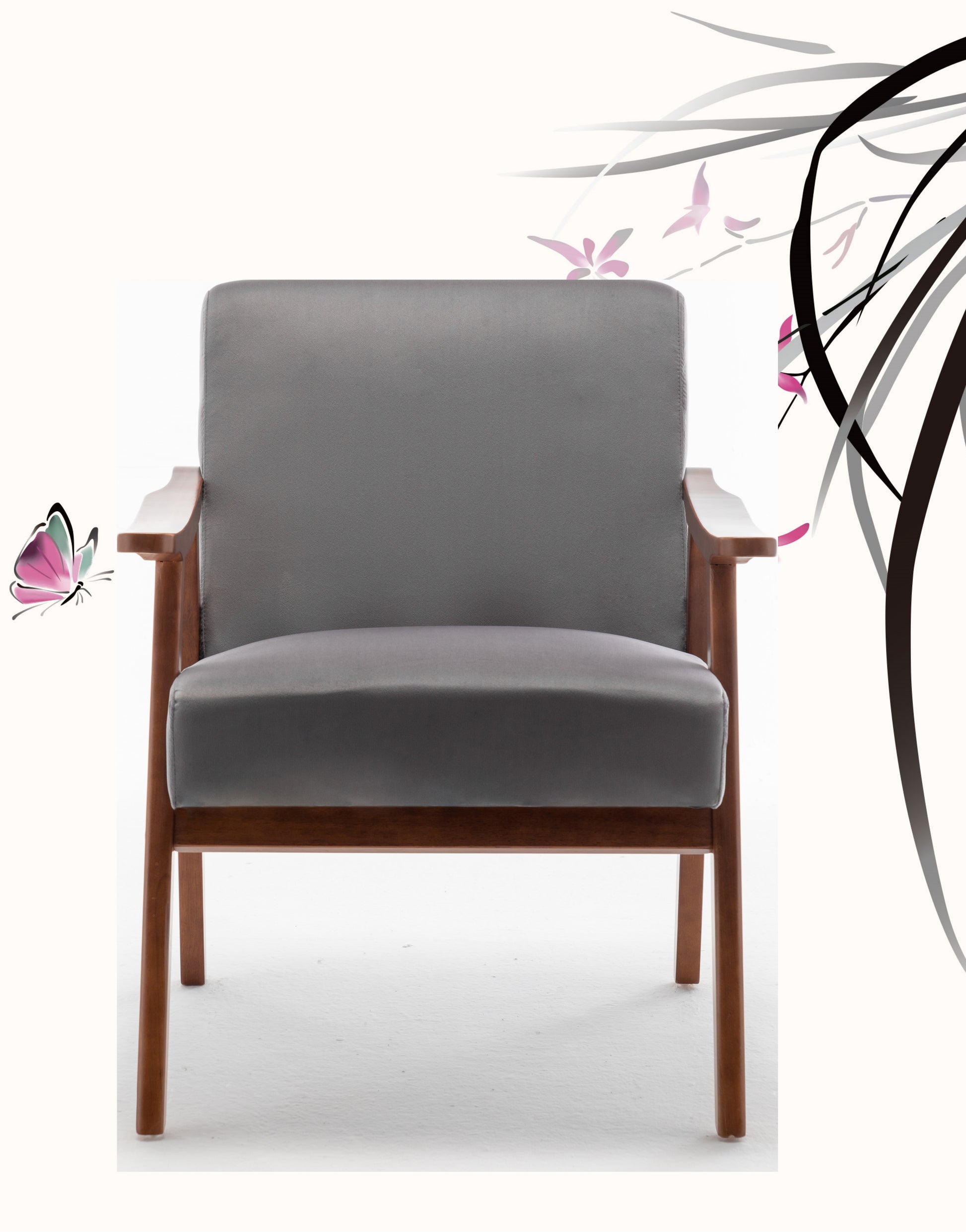 Modern grey upholstered armchair with wooden frame