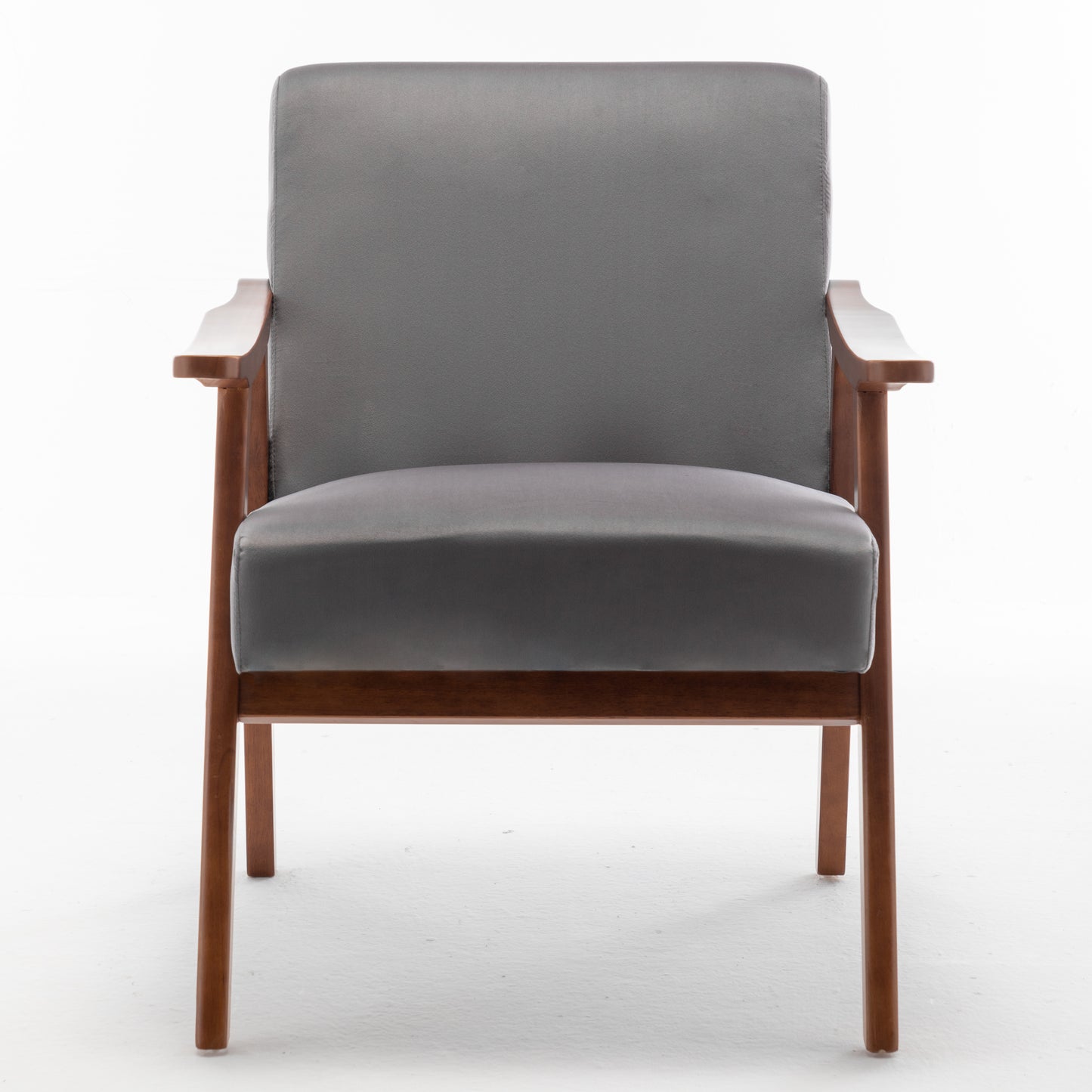 Grey fabric armchair with wooden frame