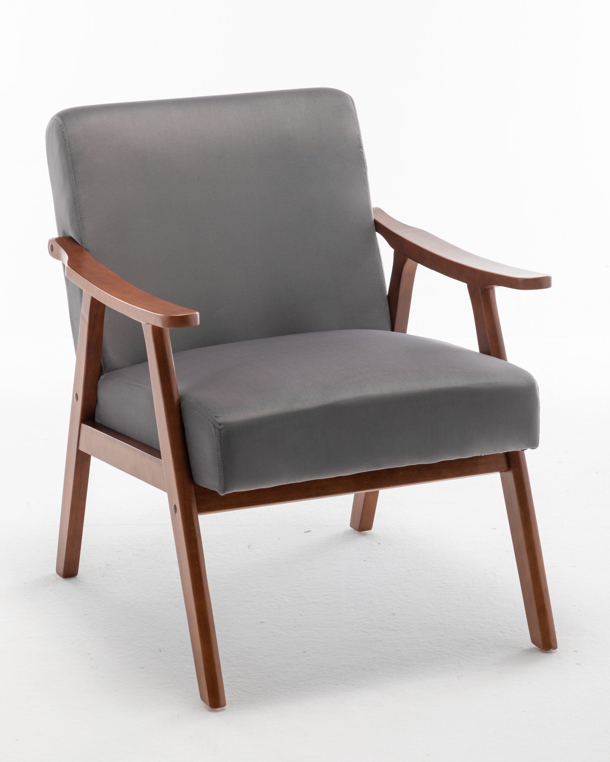 Grey fabric armchair with curved wooden arms and legs