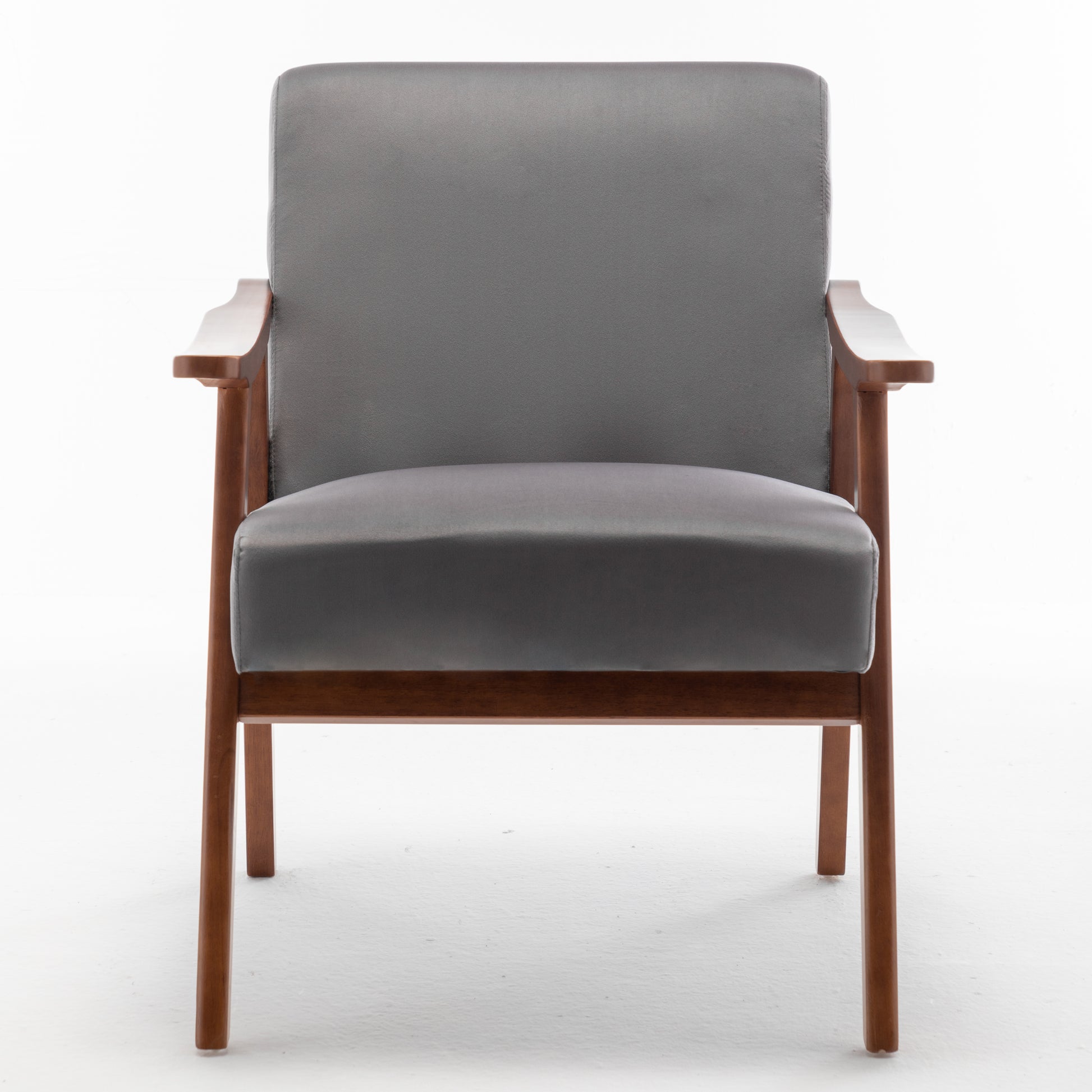 Modern grey armchair with wooden frame
