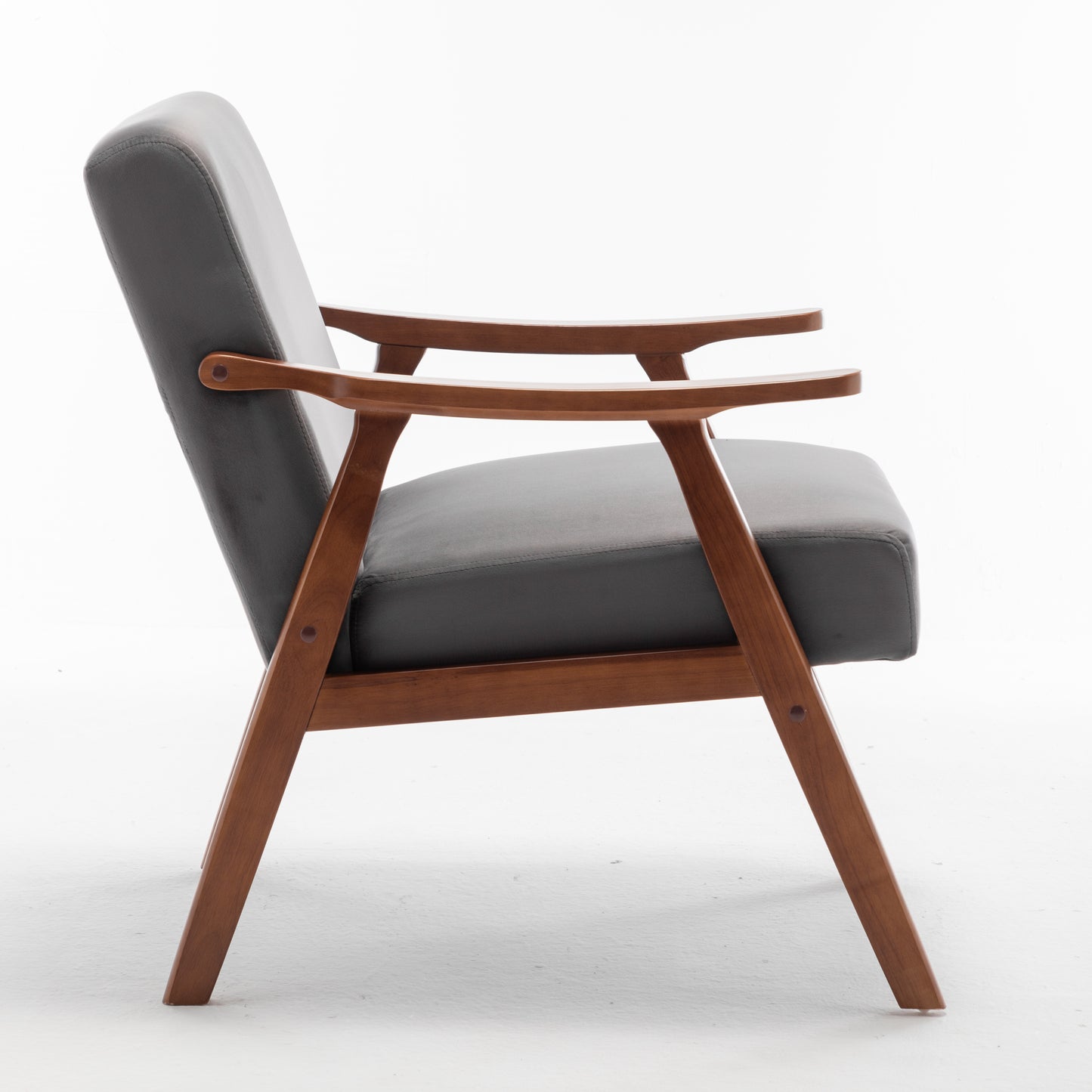 Grey leather midcentury modern armchair with natural wood frame
