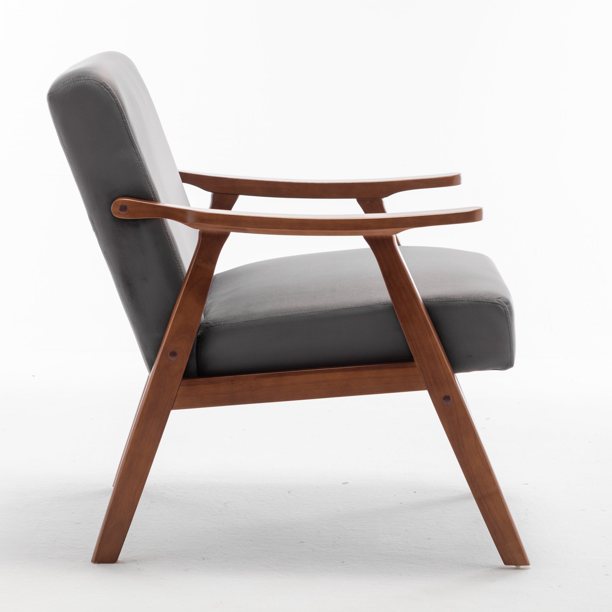 Grey leather midcentury modern armchair with natural wood frame