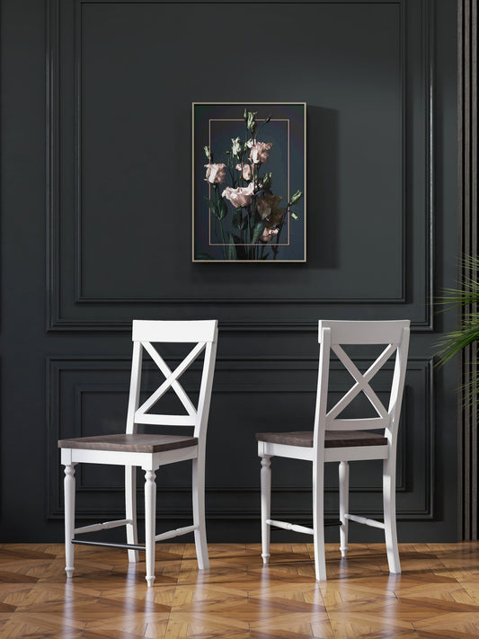 White wooden counter stool with dark wood seat and Xback detail