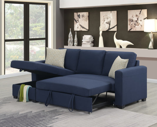 Navy blue sectional sofa bed with hidden storage and pullout mattress