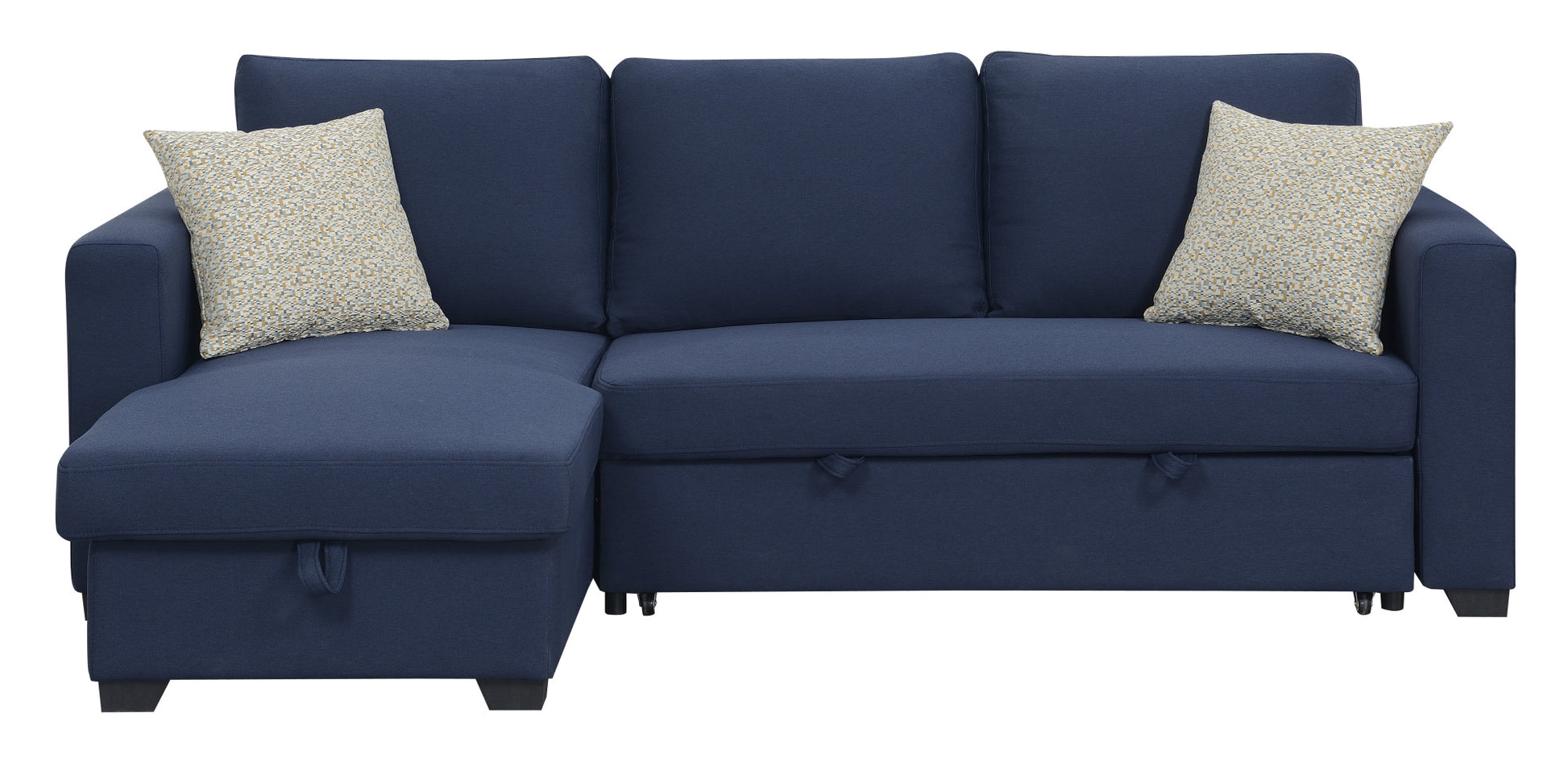 Navy blue fabric sectional sofa with chaise and storage
