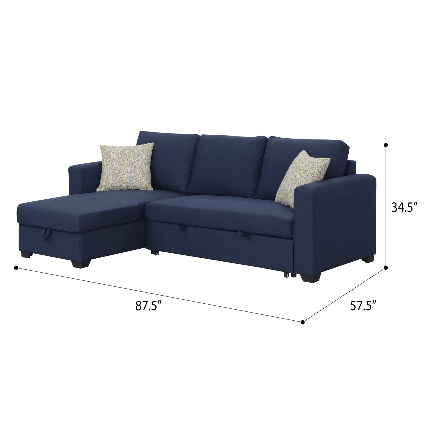 Navy blue sectional sofa with storage chaise and two patterned accent pillows