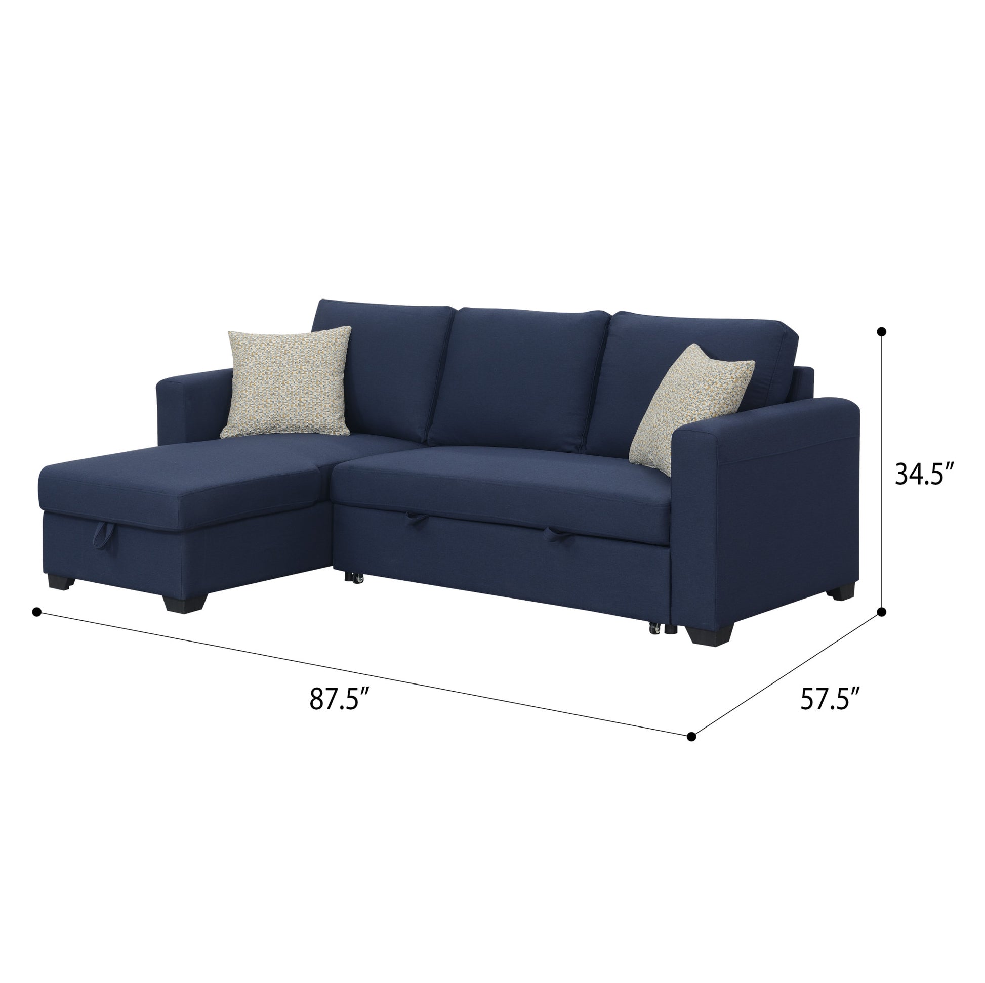 Navy blue sectional sofa with storage chaise and two patterned accent pillows