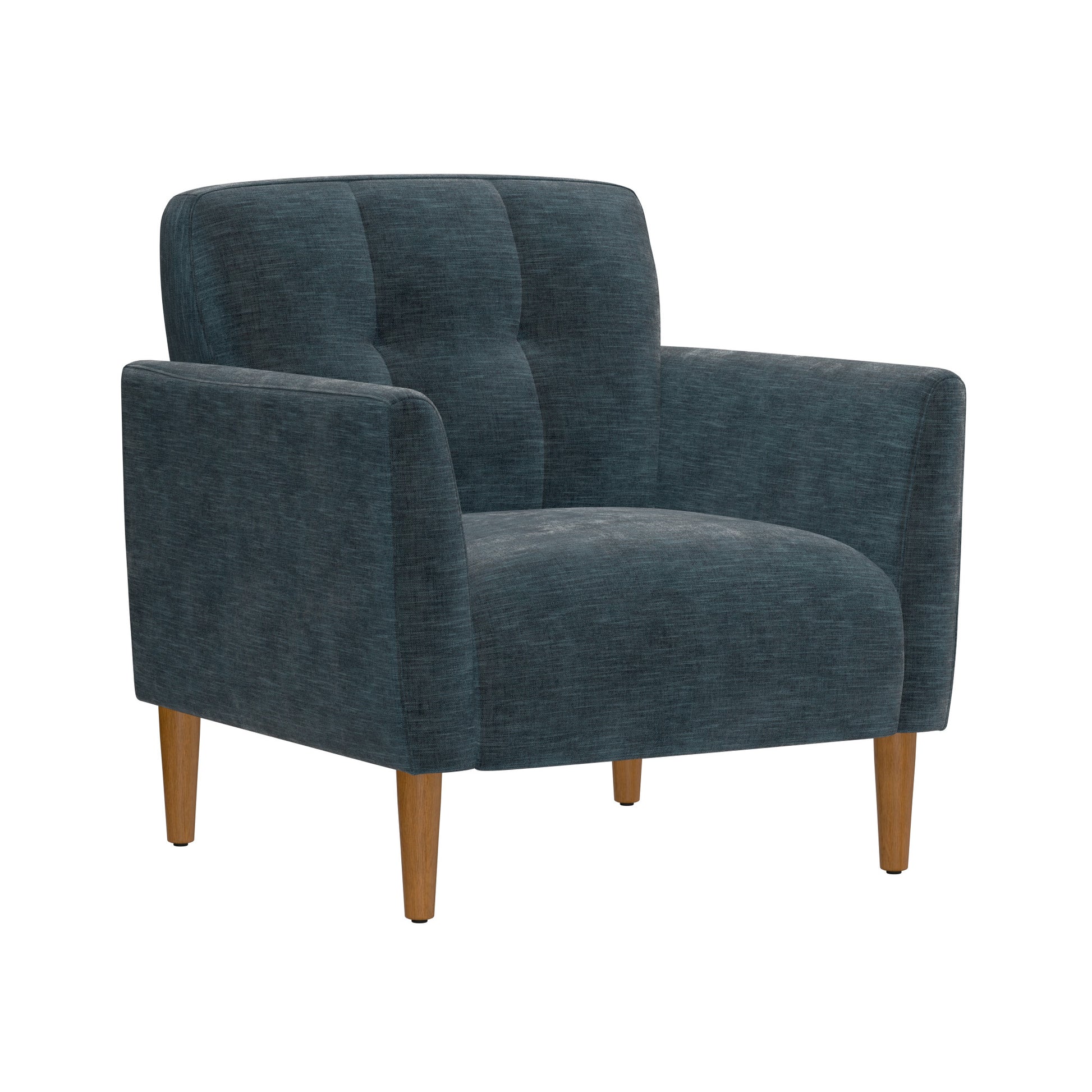Tufted dark teal fabric armchair with tapered wooden legs