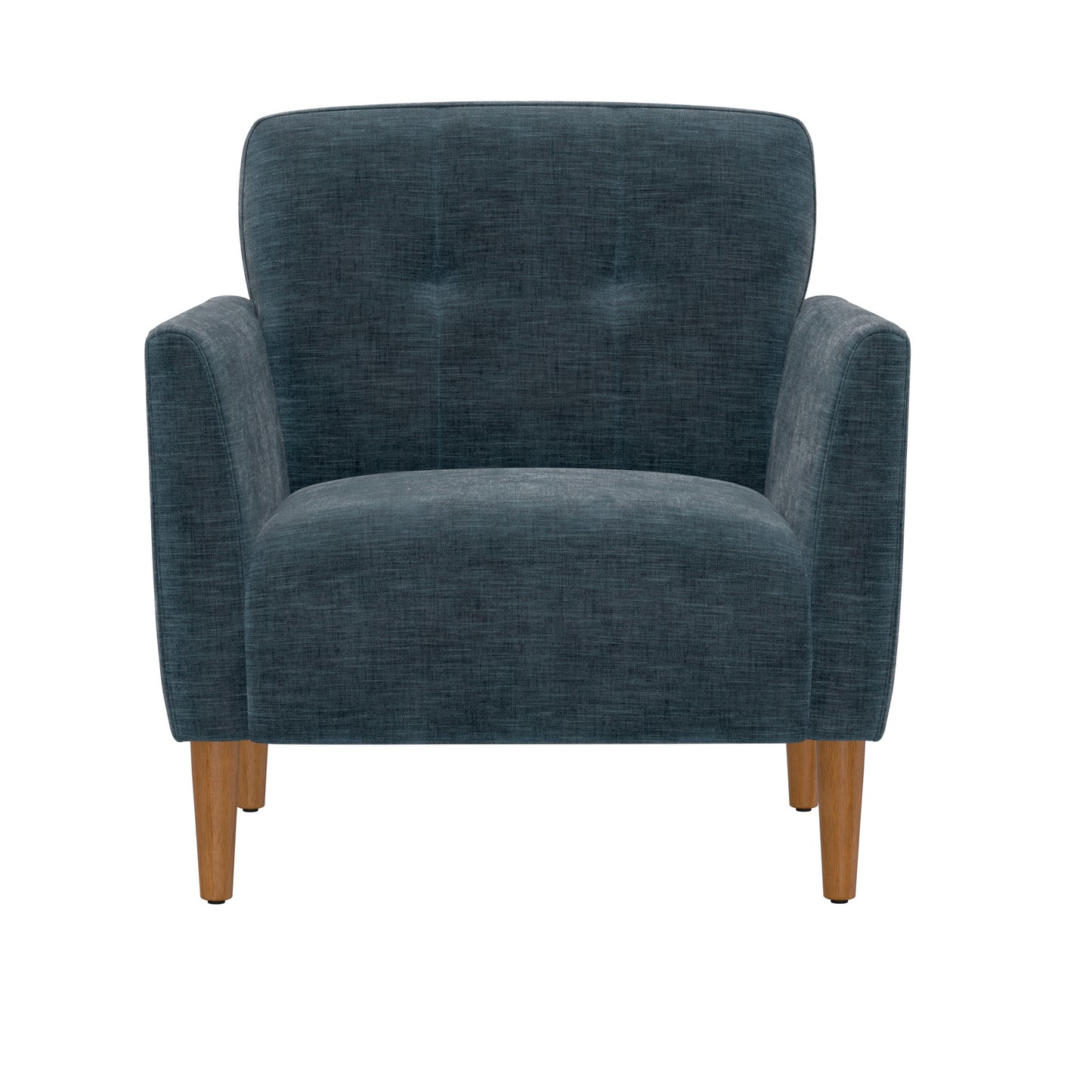 Navy blue upholstered armchair with tufted back and wooden tapered legs