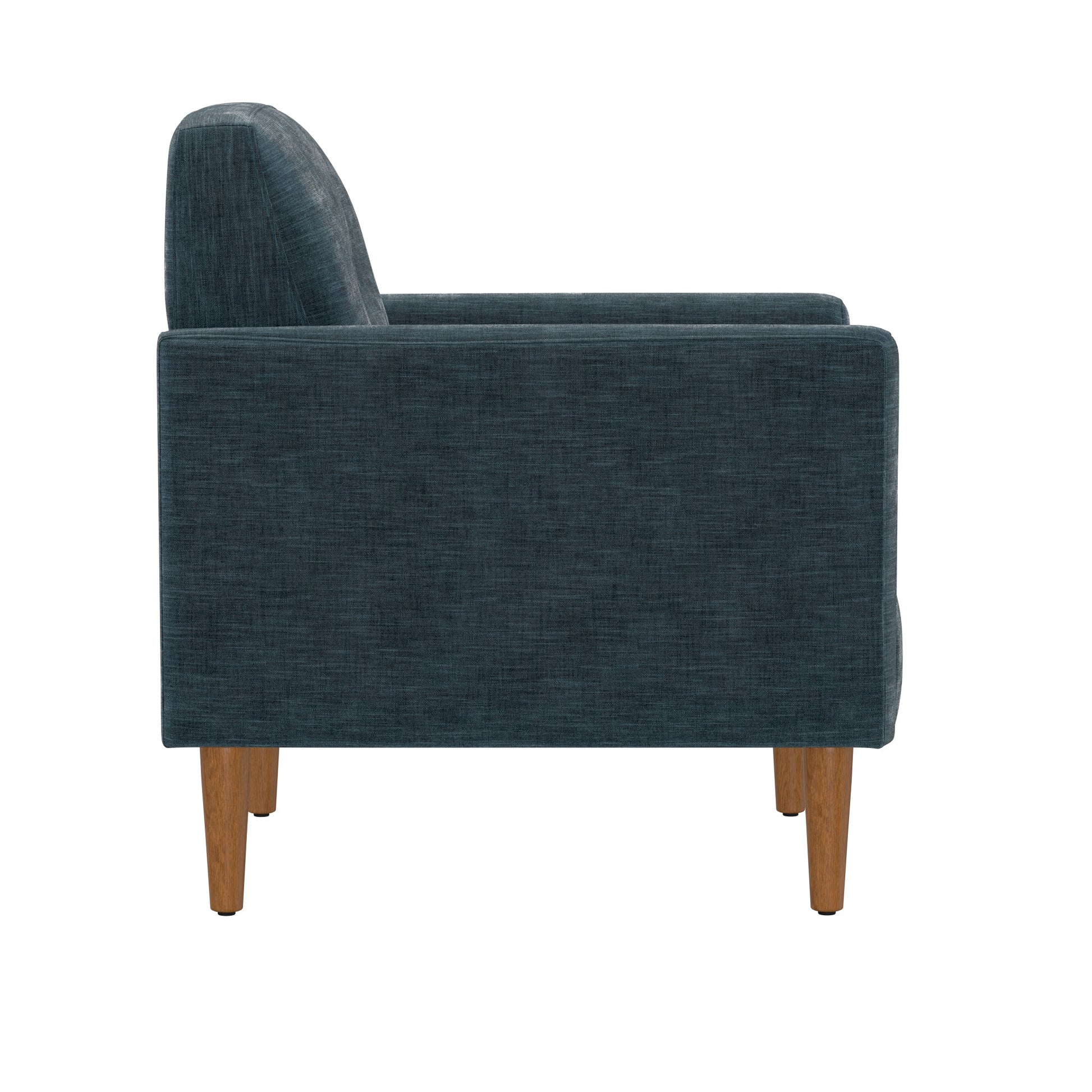 Dark teal upholstered accent chair with tapered wooden legs