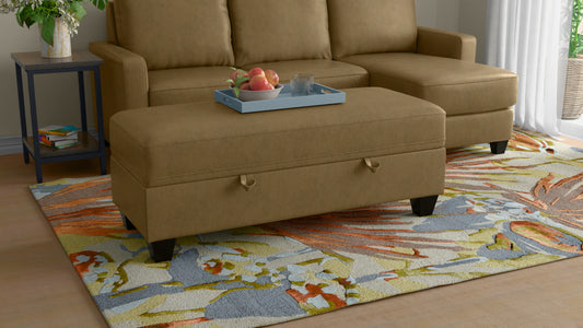 Brown fabric storage ottoman with pulltab