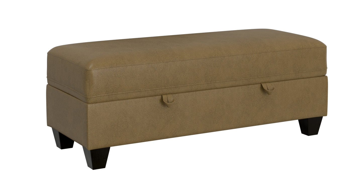 Brown faux leather storage ottoman with dark wood legs and side pull tabs