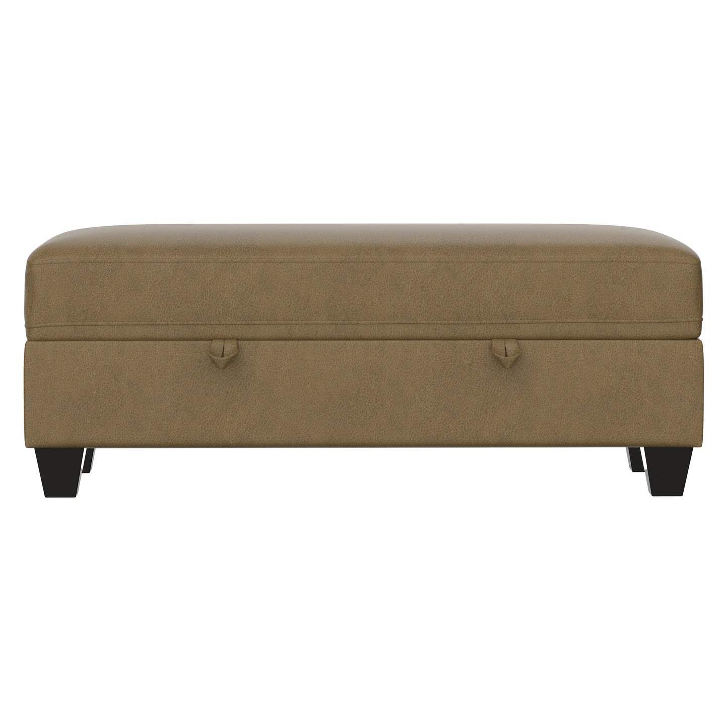 Brown faux leather storage ottoman with button tufted top and black tapered legs