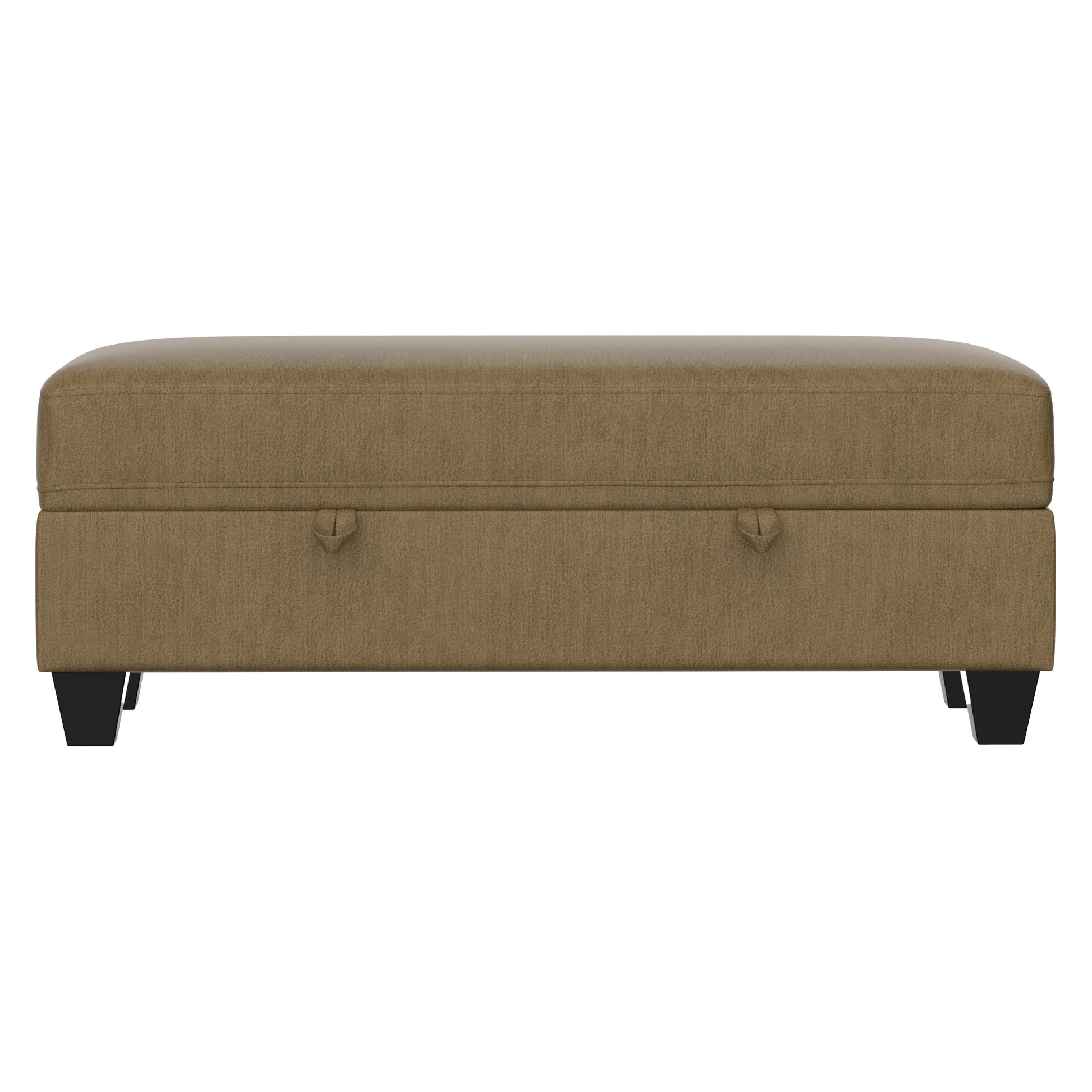 Brown faux leather storage ottoman with button tufted top and black tapered legs